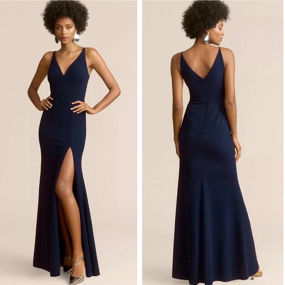 BHLDN Anthropologie Stella V-Neck Stretch Crepe Maxi Dress NEW Size L Navy